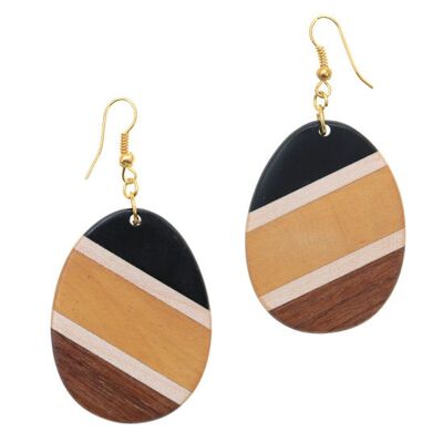 Boucles d'oreilles pendantes en bois rayées en forme d'œuf (environ 6,5 cm de long)