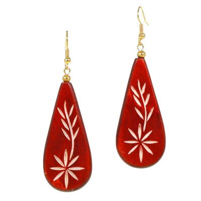 Drop-shaped Sheesham Wood Earrings with Star and Plant Engraving (7.5cm long)