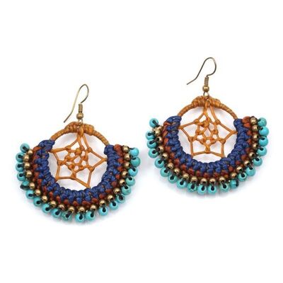 Boucles d'Oreilles Attrape Rêve en Cordon Ciré avec Turquoise et Perles Dorées