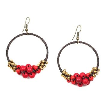 Boucles d'Oreilles Pendantes Créoles Cordon Wax avec Perles Rouges et Dorées