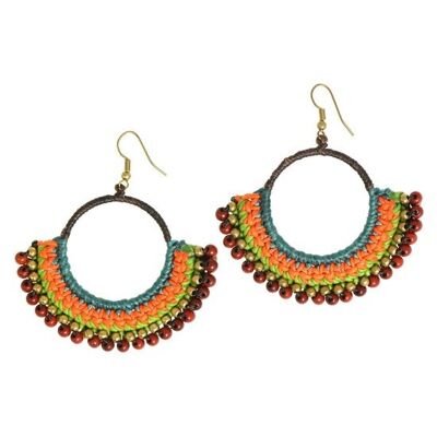 Green & Orange Wax Cord Hoop with Brown Bead Drop Earrings