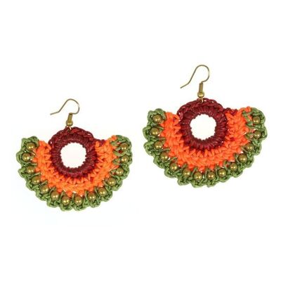 Cerchio in corda di cera arancione e verde con orecchini pendenti con perline