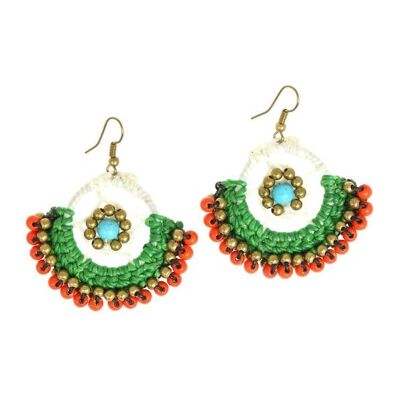 Créoles en cordon ciré blanc et vert avec boucles d'oreilles à perles rouges