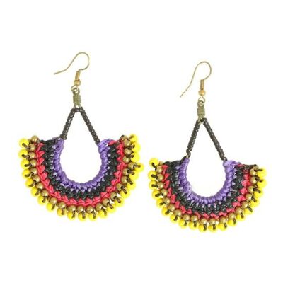 Boucles d'oreilles en forme de larme en cordon ciré violet avec boucles d'oreilles pendantes en perles jaunes