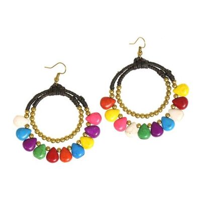 Boucles d'oreilles pendantes multicolores en forme de poire avec double créoles et cordon ciré