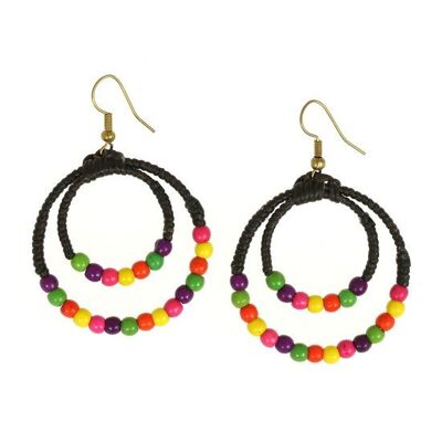 Boucles d'oreilles pendantes en cordon ciré à double anneau et perles multicolores