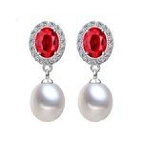 AAA White Freshwater Cultured Pearl Red Oval CZ Hallmarked Sterling Silver Drop Earrings