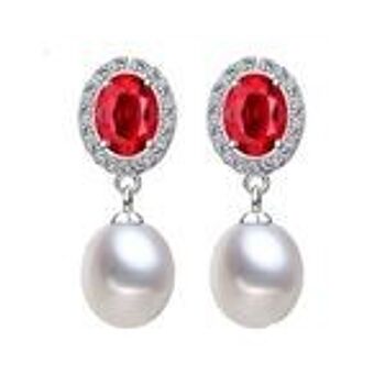 Boucles d'oreilles en argent sterling poinçonné ovale rouge avec perle de culture d'eau douce AAA AAA 1