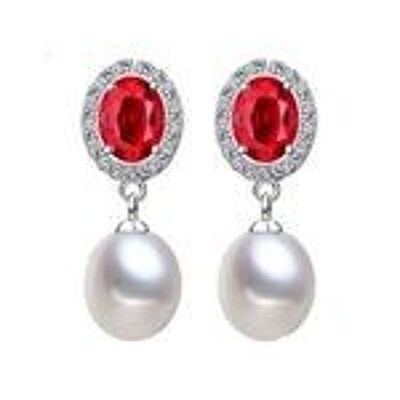 AAA White Freshwater Cultured Pearl Red Oval CZ Hallmarked Sterling Silver Drop Earrings