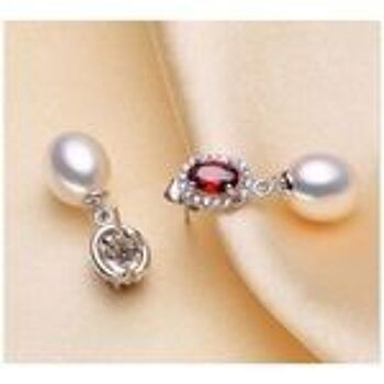 Boucles d'oreilles en argent sterling poinçonné ovale rouge avec perle de culture d'eau douce AAA AAA 2