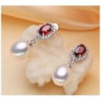 Boucles d'oreilles en argent sterling poinçonné ovale rouge avec perle de culture d'eau douce AAA AAA 3