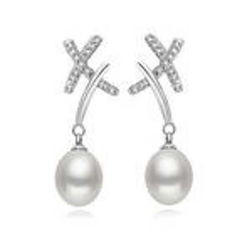 AAA White Freshwater Cultured Pearl Cubic Zirconia Hallmarked Sterling Silver Drop Earrings (110539)