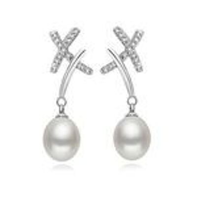 Boucles d'oreilles pendantes en argent sterling poinçonné avec perle de culture d'eau douce blanche AAA (110539)