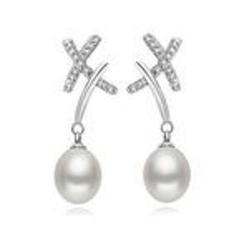 Boucles d'oreilles pendantes en argent sterling poinçonné avec perle de culture d'eau douce blanche AAA (110539) 1