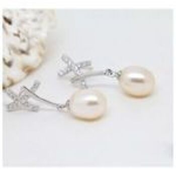 Boucles d'oreilles pendantes en argent sterling poinçonné avec perle de culture d'eau douce blanche AAA (110539) 3