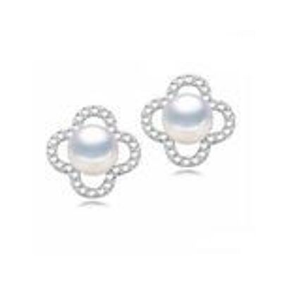 Boucles d'oreilles en argent sterling avec perle de culture d'eau douce blanche AAA poinçonnée fleur CZ