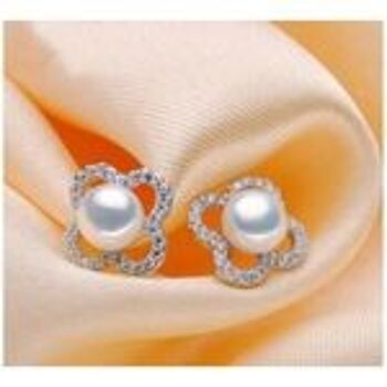Boucles d'oreilles en argent sterling avec perle de culture d'eau douce blanche AAA poinçonnée fleur CZ 2