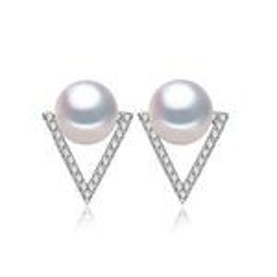 AAA White Button Freshwater Cultured Pearl CZ Triangle Hallmarked Sterling Silver Stud Earrings
