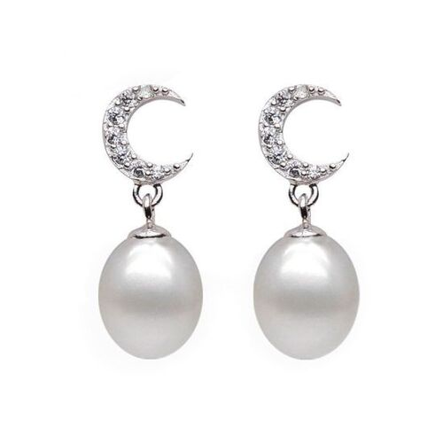 AAA White Drop Freshwater Cultured Pearl CZ Crescent Hallmarked Sterling Silver Earrings