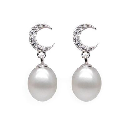 Aretes de plata esterlina con sello de contraste de media luna y perla cultivada de agua dulce con gota blanca AAA