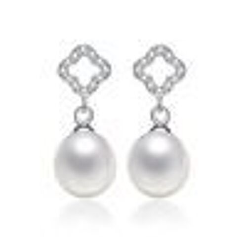 AAA White Drop Freshwater Cultured Pearl CZ Flower Hallmarked Sterling Silver Earrings