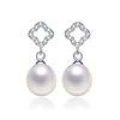 Aretes de plata esterlina con sello de contraste de flor de CZ de perlas cultivadas de agua dulce con gota blanca AAA