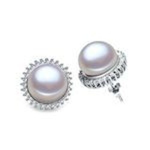 AAA White Button Freshwater Pearl CZ Flower with Hallmarked Sterling Silver Stud Earrings