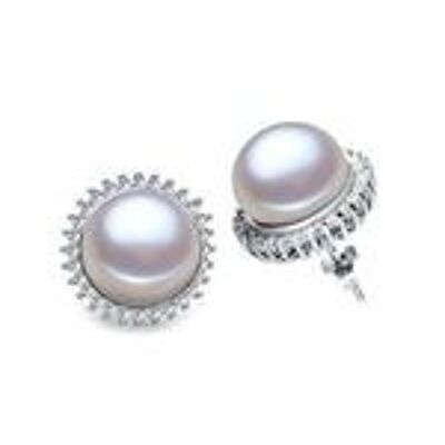 AAA botón blanco perla de agua dulce CZ flor con aretes de plata esterlina con sello de contraste