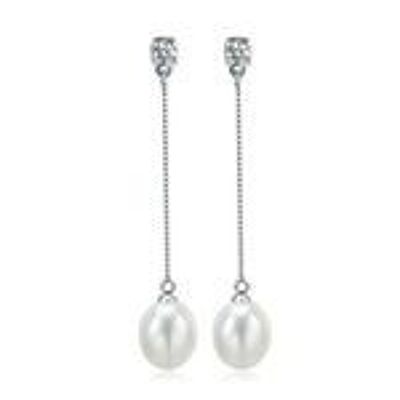 Pendientes colgantes de plata esterlina con sello de contraste de perla de agua dulce blanca AAA en forma de gota con CZ