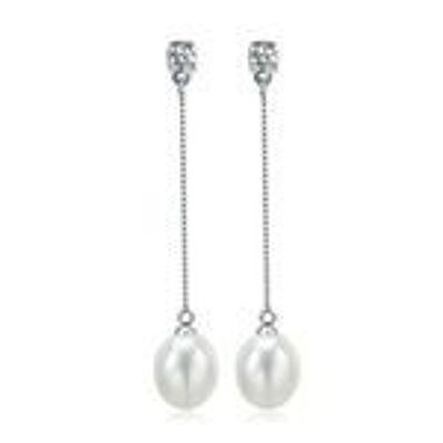 Perle d'eau douce blanche en forme de goutte AAA avec boucles d'oreilles pendantes en argent sterling poinçonnées CZ