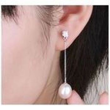 Perle d'eau douce blanche en forme de goutte AAA avec boucles d'oreilles pendantes en argent sterling poinçonnées CZ 2
