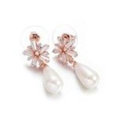 Cubic Zirconia Flower with Simulated Pear Shape Pearl Drop Stud Earrings
