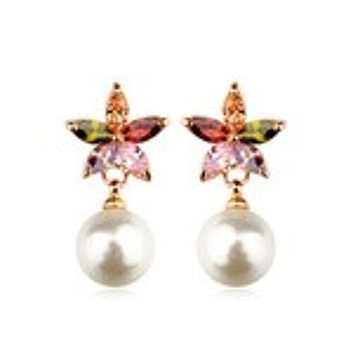 Rose Gold Plated White Simulated Pearl and Multicoloured CZ Flower