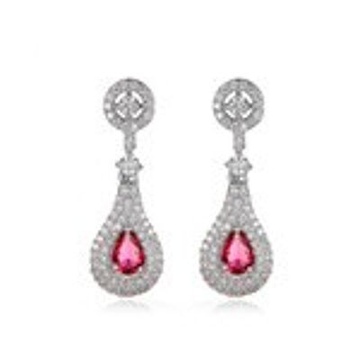 Aretes colgantes con forma de pera y pavé de cristal de CZ rosa chapados en oro blanco