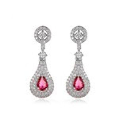 White Gold Plated Pink CZ Crystal Pave Pear Shape Drop Stud Earrings