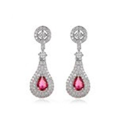 Boucles d'oreilles pendantes en forme de poire avec pavé de cristaux roses plaqués or blanc