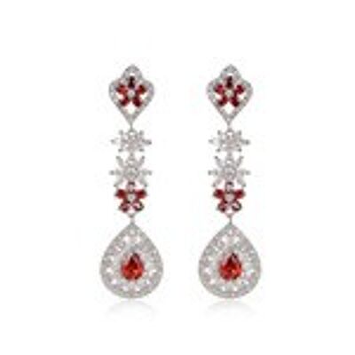 Aretes de candelabro con forma de lágrima y flor de cristal de circonita cúbica roja y transparente chapados en oro blanco