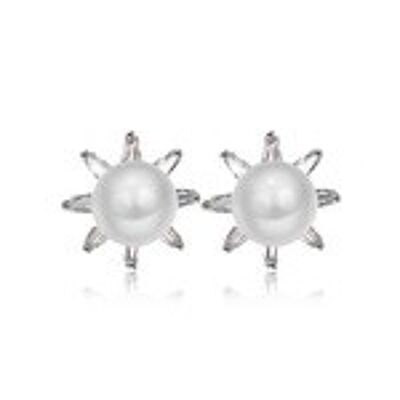 Boucles d'Oreilles Perle Simulé Plaqué Or Blanc avec Cubic Zirconia Crystal Flower Stud