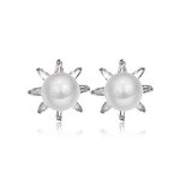 Boucles d'Oreilles Perle Simulé Plaqué Or Blanc avec Cubic Zirconia Crystal Flower Stud 1