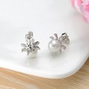 Boucles d'Oreilles Perle Simulé Plaqué Or Blanc avec Cubic Zirconia Crystal Flower Stud 5