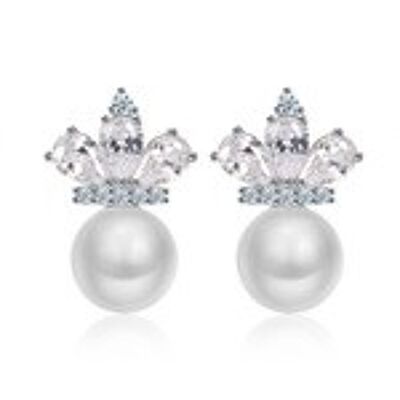 White Gold Plated Simulated Pearl with CZ Crystal Crown Stud Earrings