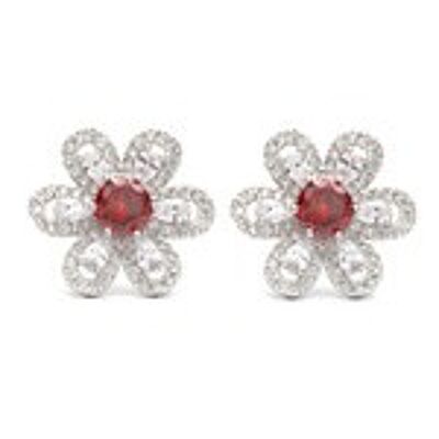 Aretes de flor con pavé de cristal de circonitas cúbicas rojas y transparentes chapados en oro blanco