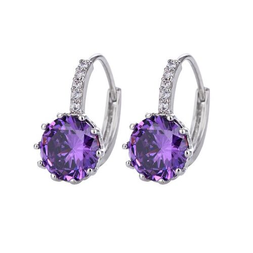 Round Simulated Amethyst Cubic Zirconia Crystal White Gold Plated Hoop Earrings