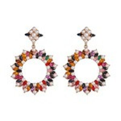 Pendientes llamativos estilo guirnalda floral con perlas y cristales vibrantes