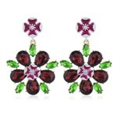 Burgundy and Green Crystal Flower Statement Earrings