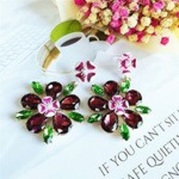 Boucles d'Oreilles Fleur de Cristal Bordeaux et Vert 5