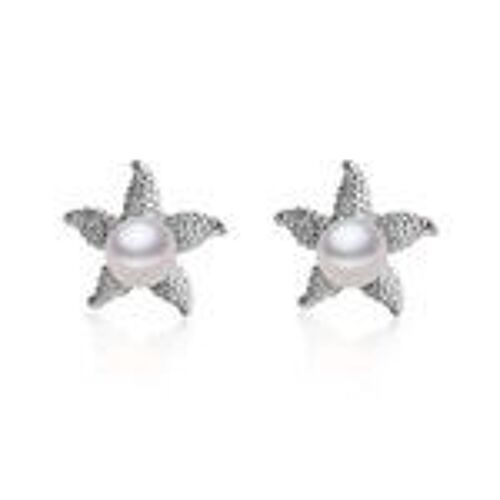 AAA White Button Freshwater Pearl Star with Hallmarked Sterling Silver Stud Earrings