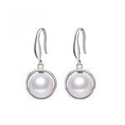 Aretes colgantes de perlas de agua dulce con botón blanco AAA con sello de contraste en plata esterlina