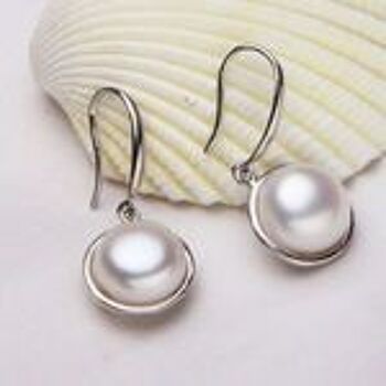 Perle d'eau douce bouton blanc AAA avec boucles d'oreilles pendantes en argent sterling poinçonnées 2