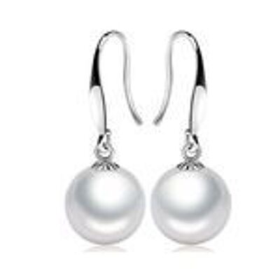 Aretes colgantes de perlas de agua dulce redondas blancas AAA con contraste de plata esterlina